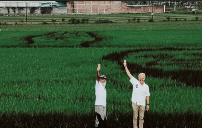 Kreatif Gambar: Wajah Ganjar Pranowo-Mahfud MD Ada  Di Petakkan Sawah Persawahan 